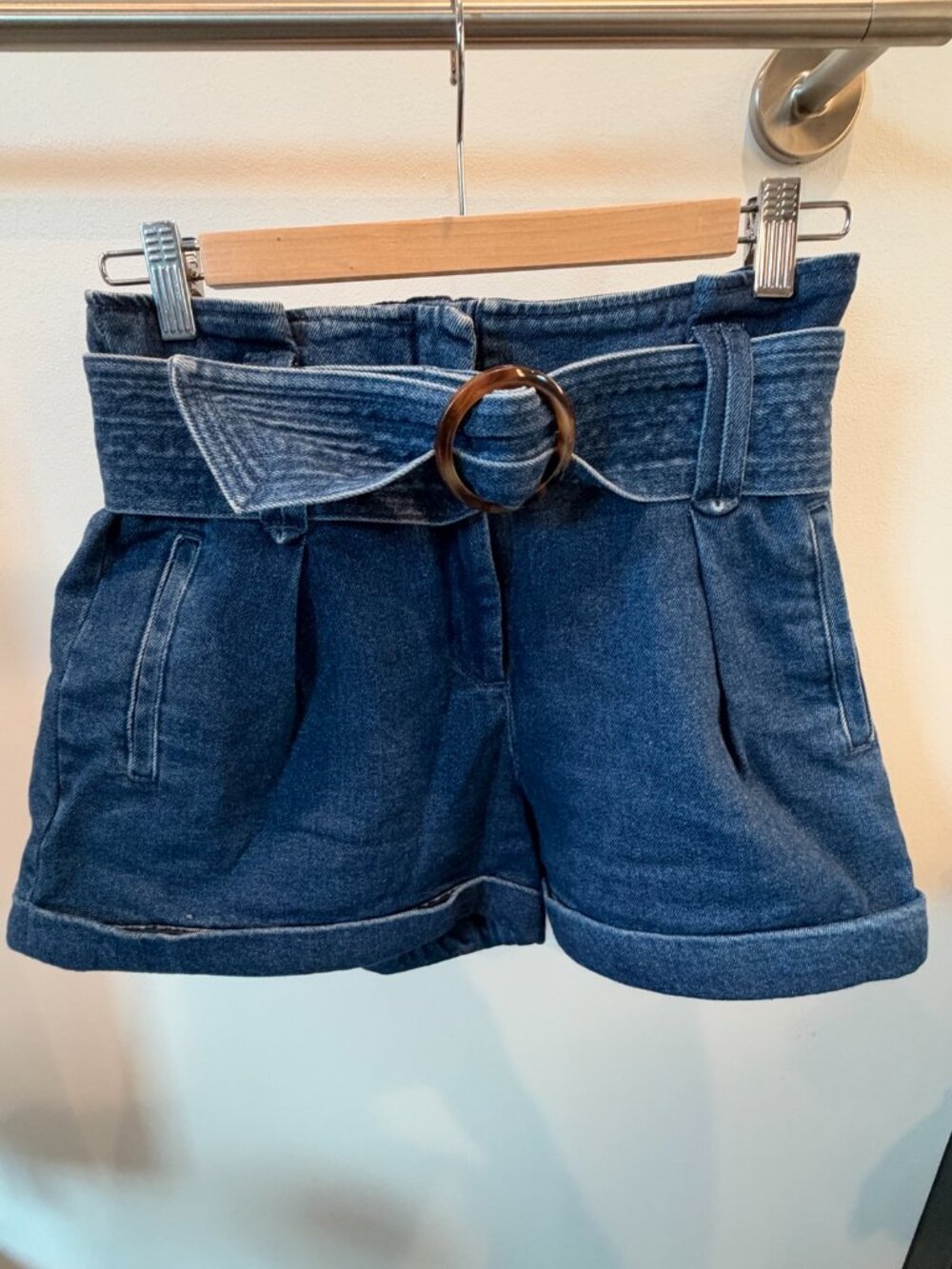 Sézane Rome Shorts Denim High-Waisted Belted Pleated | FR 36 (US 4)